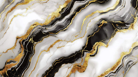 декоративен стенен панел - Marble pattern with black and gold veins on a white background