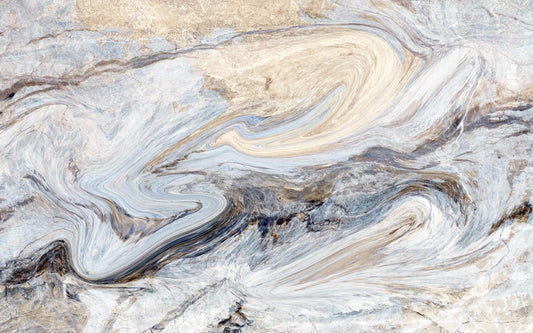 декоративен стенен панел - Close-up of a marble-like stone with swirling patterns in beige, brown, and gray.