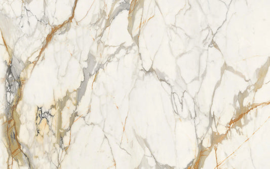 декоративен стенен панел - Marble texture with beige, gray, and gold veins on a white background