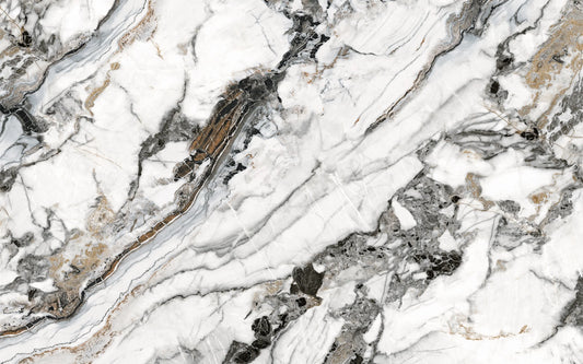 Close-up of a marble surface with white, gray, and beige patterns